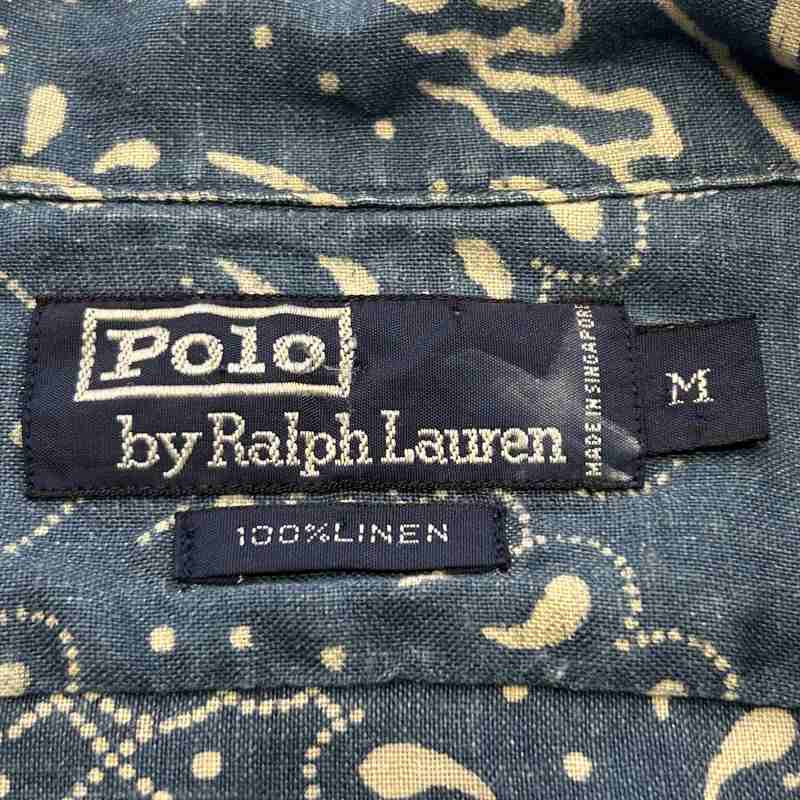 RALPH LAUREN INDIGO PAISLEY LINEN OPEN COLLAR SHIRT 1990'S