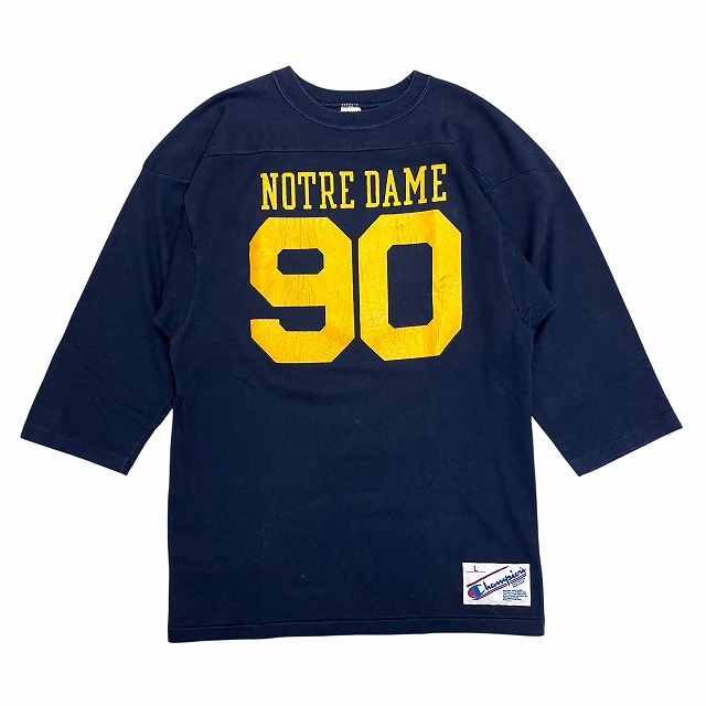 CHAMPION FOOTBALL TEE 80S 「紺×黄、NOTRE DAME 90、サイズL