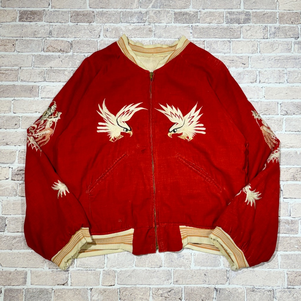 しま　50s souvenir jacket オリジナル虎　鷹　別珍 50s Japan Souvenir Jacket 50年代 スカジャン 別珍 ベロア 赤