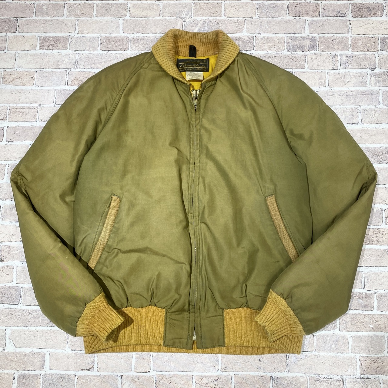 80s USA製 Eddie Bauer ドリズラージャケット カーキ S 古着 80s Eddie Bauer 「U.S. Postage」 切手 総柄 ライナー