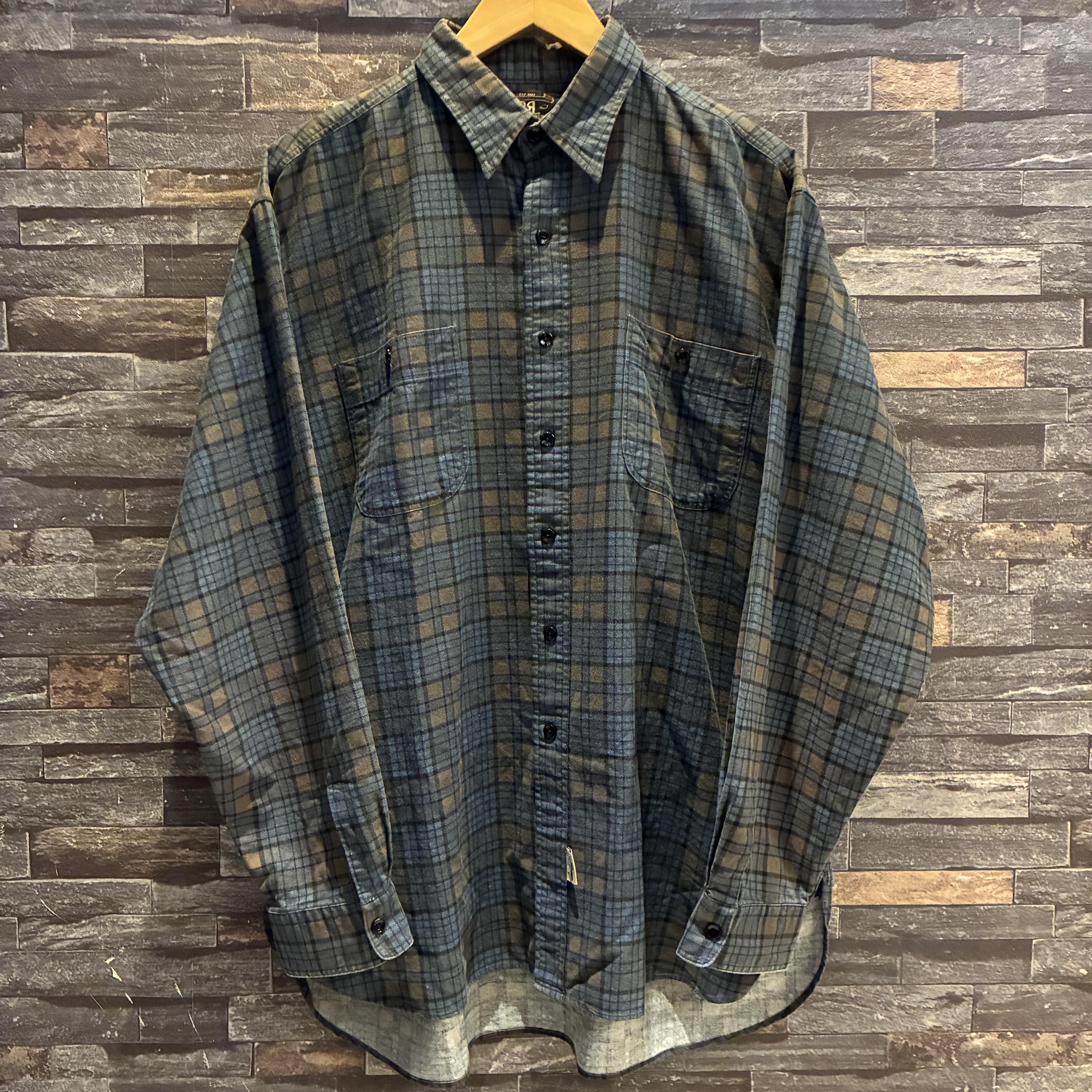 直筆サイン入りジャケット Retro G-style ラップ RRL PRINT FLANNEL CHECK SHIRT BLUE×BEIGE 1990'S OLD｜SAFARI