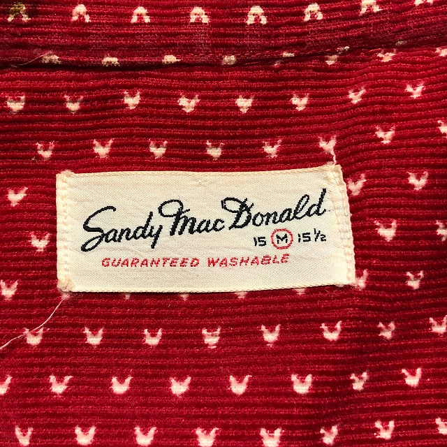 SANDY MAC DONALD PRINT CORDUROY SHIRT 50S 「赤×白、雪柄」｜SAFARI